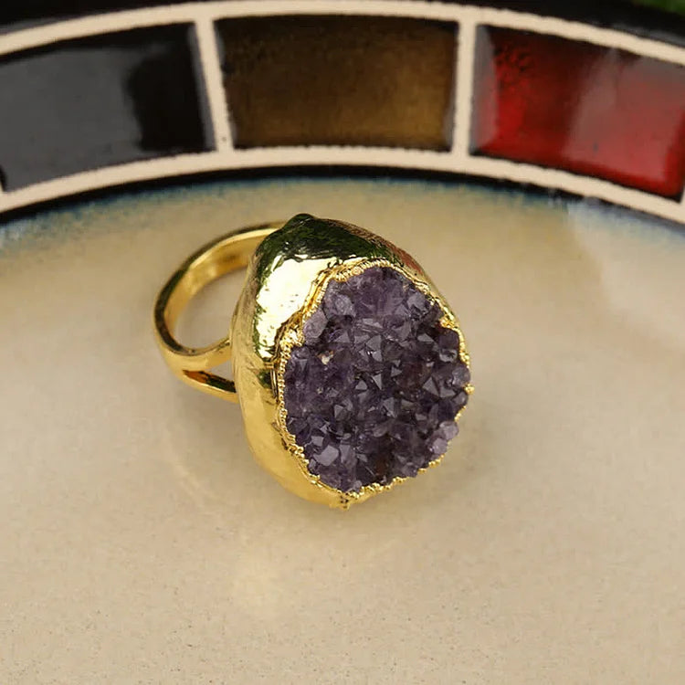 Gold Natural Amethyst Adjustable Gemstone Ring