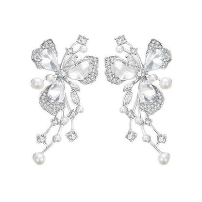 Light Luxury Full Diamond Flower Earrings New Trendy Exaggerated Temperament Butterfly Earrings Pearl Earrings