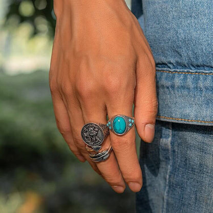 Turquoise Arrow Feather Skull Ring Set