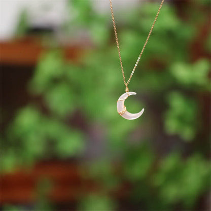 Natural Tridacna Stone Crescent Moon Blessing Necklace Pendant