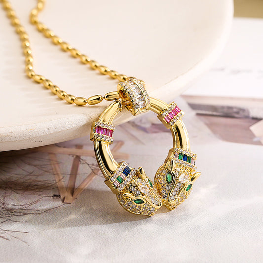 Cute Full Colorful Stones Double Leopard Pendant Necklace