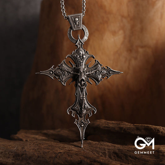 Vintage Goth Crucified Skull Cross Pendant Necklace