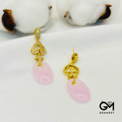 Golden Arrow Shape Pink Stone Drop Earrings