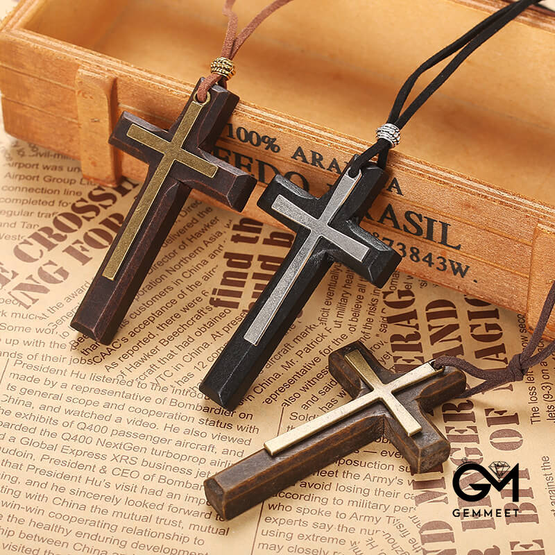 Double Alloy Wood Cross Necklace