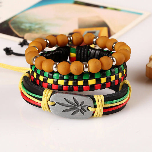 Hip-hop Hiphop Street Dance Red, Yellow and Green Braided Leather Bracelet