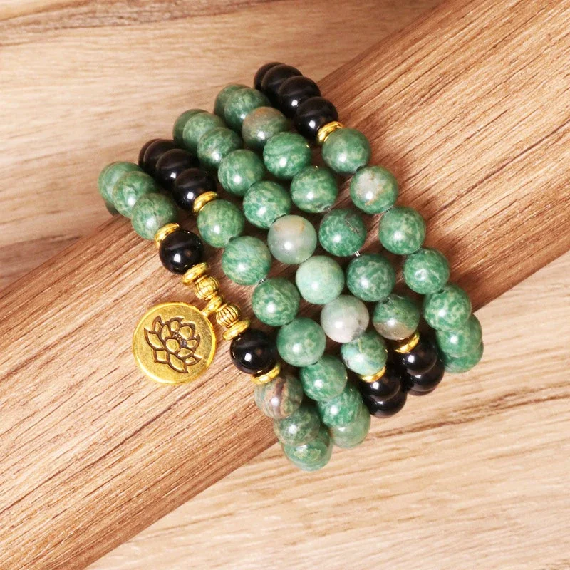 Green Aventurine Obsidian Lotus Symbol Necklace Bracelet