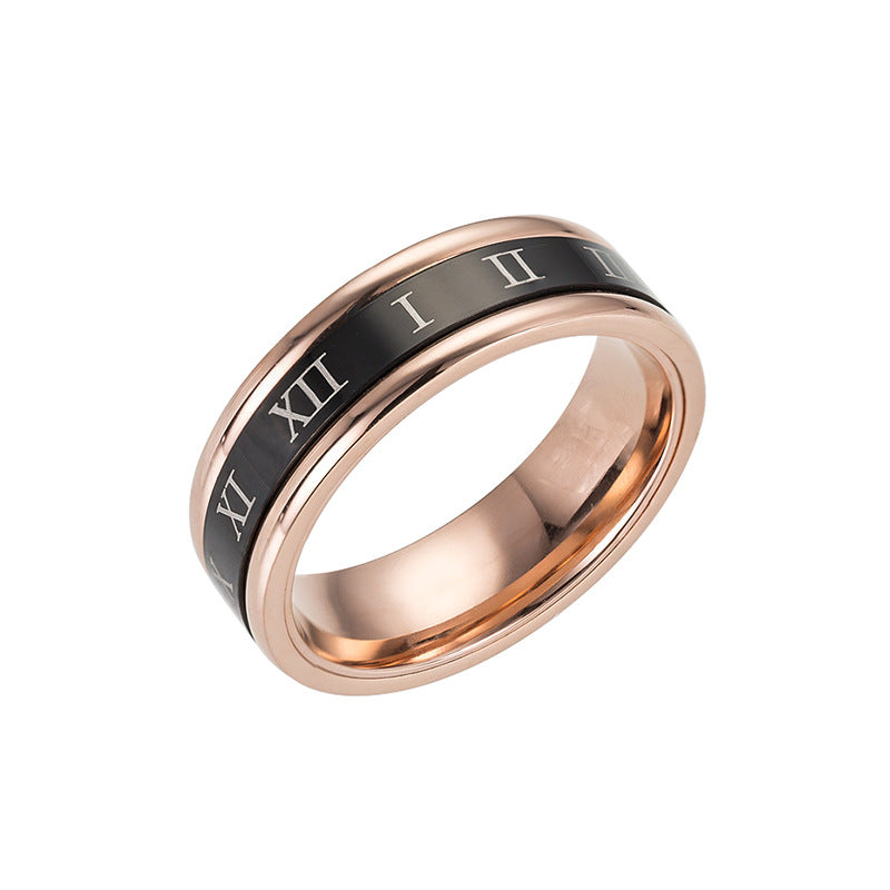 Roman Numerals Turnable Wide Plate Stainless Steel Ring