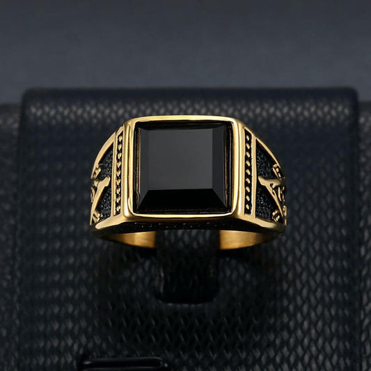 Vintage Ring Titanium Steel Color-preserving Gold-plated Imitation Black Agate Men's Ring