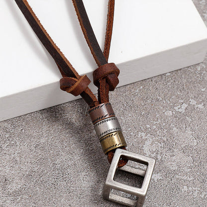 Vintage Hollow Square Frame Leather Adjustable Necklace