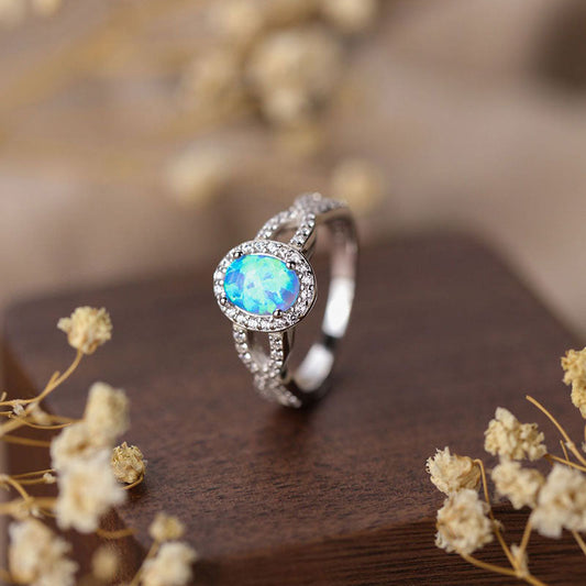 S925 Silver Egg Shaped Opal Ring