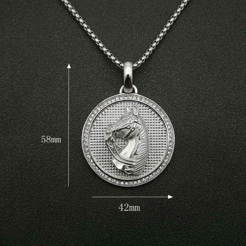 Hiphop Jewelry Titanium Steel Gold-plated Inlaid Zircon Disc Horse Head Pendant