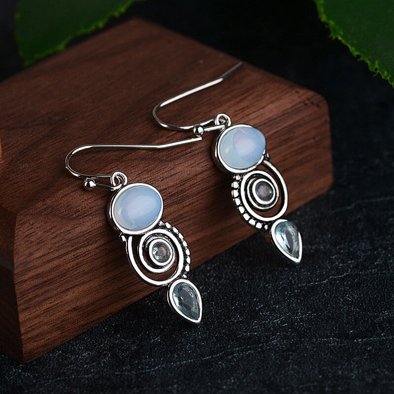 Oval Moonstone Drip Topaz Spiral Dangle Earrings