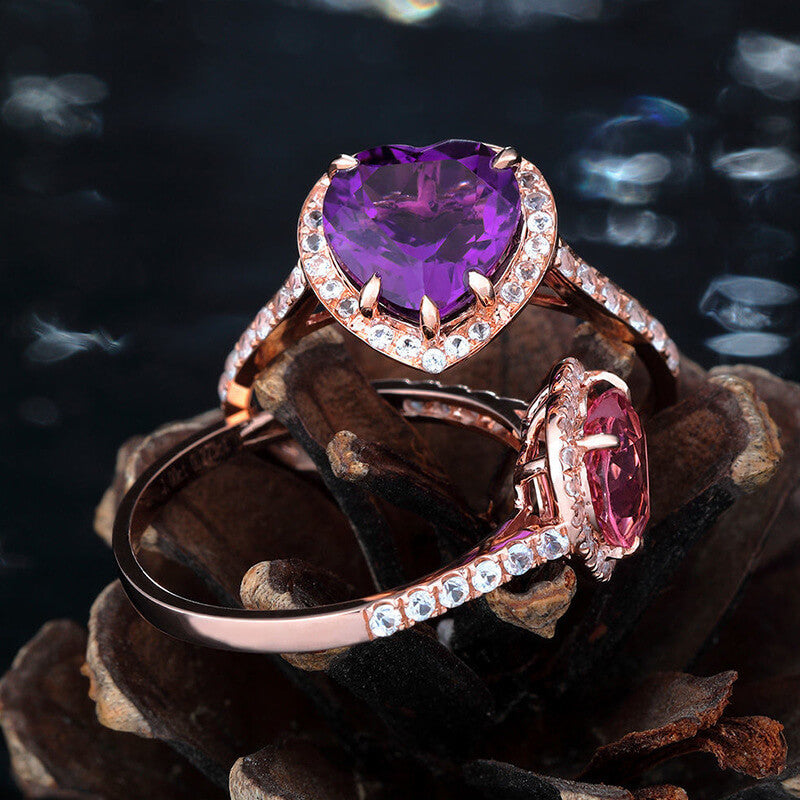 Imitation Amethyst Heart Ring Fashion Imitation Tourmaline Color Gem Heart Shape Amethyst Ring