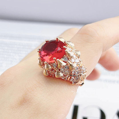 Palace Wind Textured Gold Carving Process Imitation Ruby Ring High-end Jewelry Crown Ring