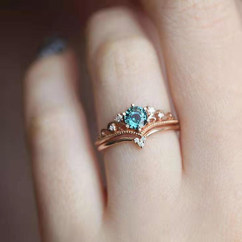 2 Pcs Teal Sapphire Engagement Ring Set