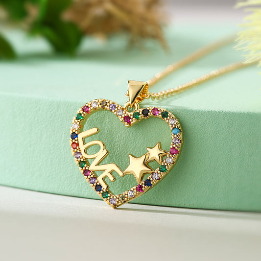 Color Stones Hollow Heart & Star Pendant Necklace