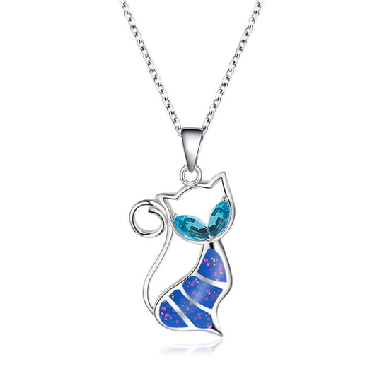 Cute Cat Silver Plated Opal Necklace