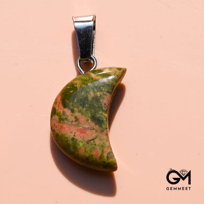 Picture Stone Crystal Agate Crescent Moon Pendant