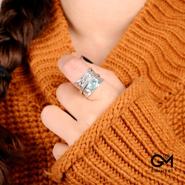 Boho Aquamarine Leaf Ring