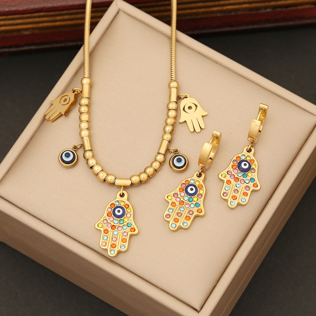 Hollow Evil Eye Color Stones Bracelet Necklace & Earrings