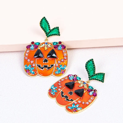 Halloween Creative Fashion New Alloy Inlaid Zircon Oil Drip Pumpkin Head Earrings