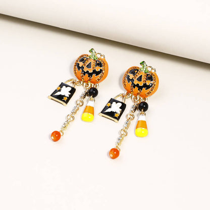 Halloween New Oil Drop Diamond Pumpkin Head Ghost Pendant Earrings