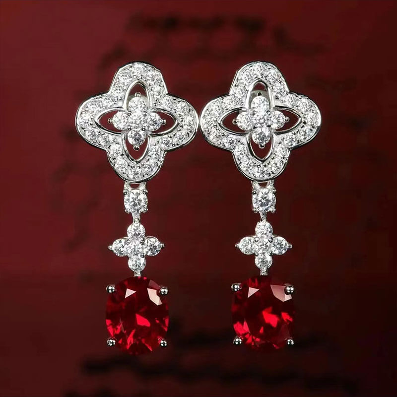 Micro-studded Diamond Flower Star Imitation Ruby Earrings High Carbon Diamond Imitation Red Corundum Pigeon Blood Red Diamond Earrings Long Earrings