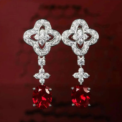 Micro-studded Diamond Flower Star Imitation Ruby Earrings High Carbon Diamond Imitation Red Corundum Pigeon Blood Red Diamond Earrings Long Earrings