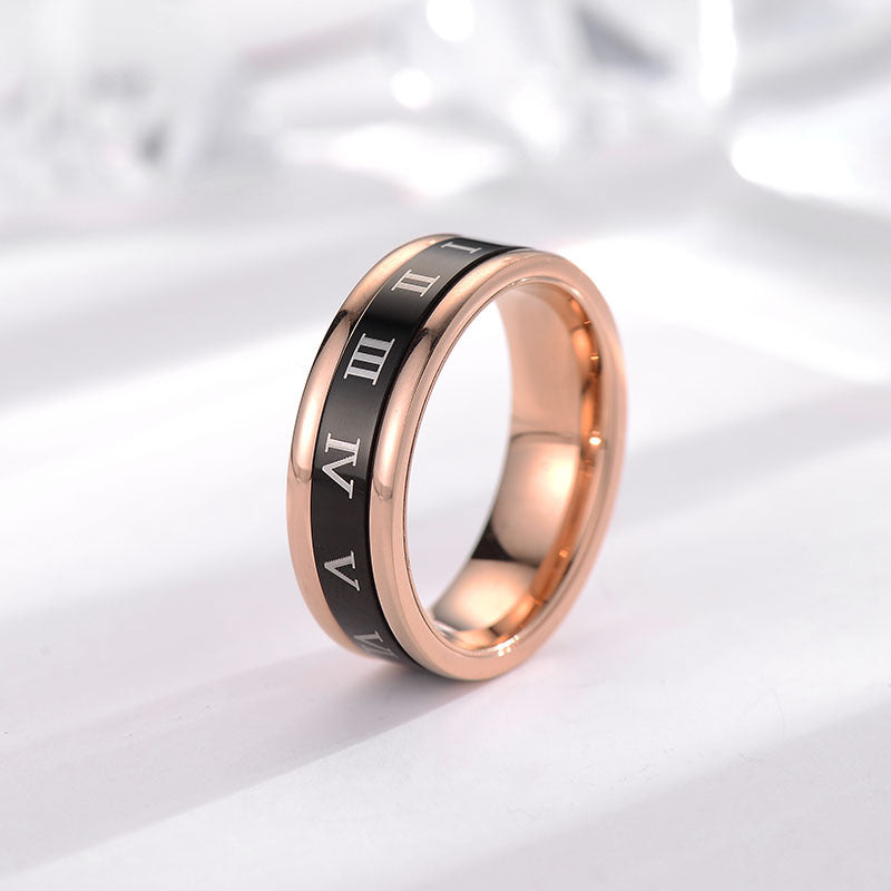 Roman Numerals Turnable Wide Plate Stainless Steel Ring