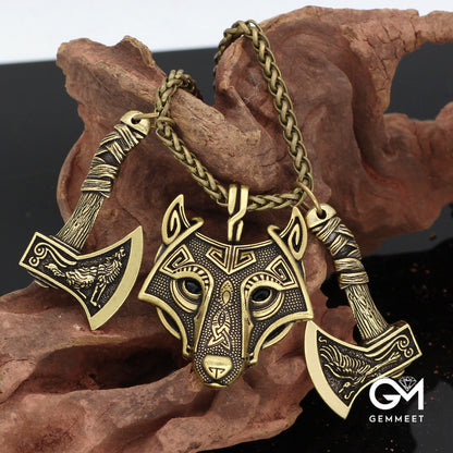 Viking Crow Wolf Head Axe Pendant Necklace