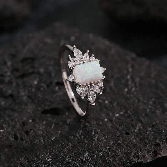 S925 Silver Inlaid Zircon Opal Ring