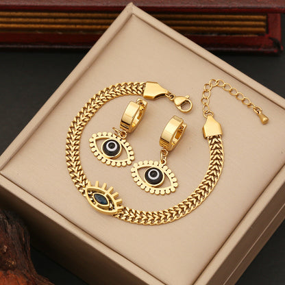 Golden Evil Eye Pendant Cuban Link Bracelet Necklace & Earrings