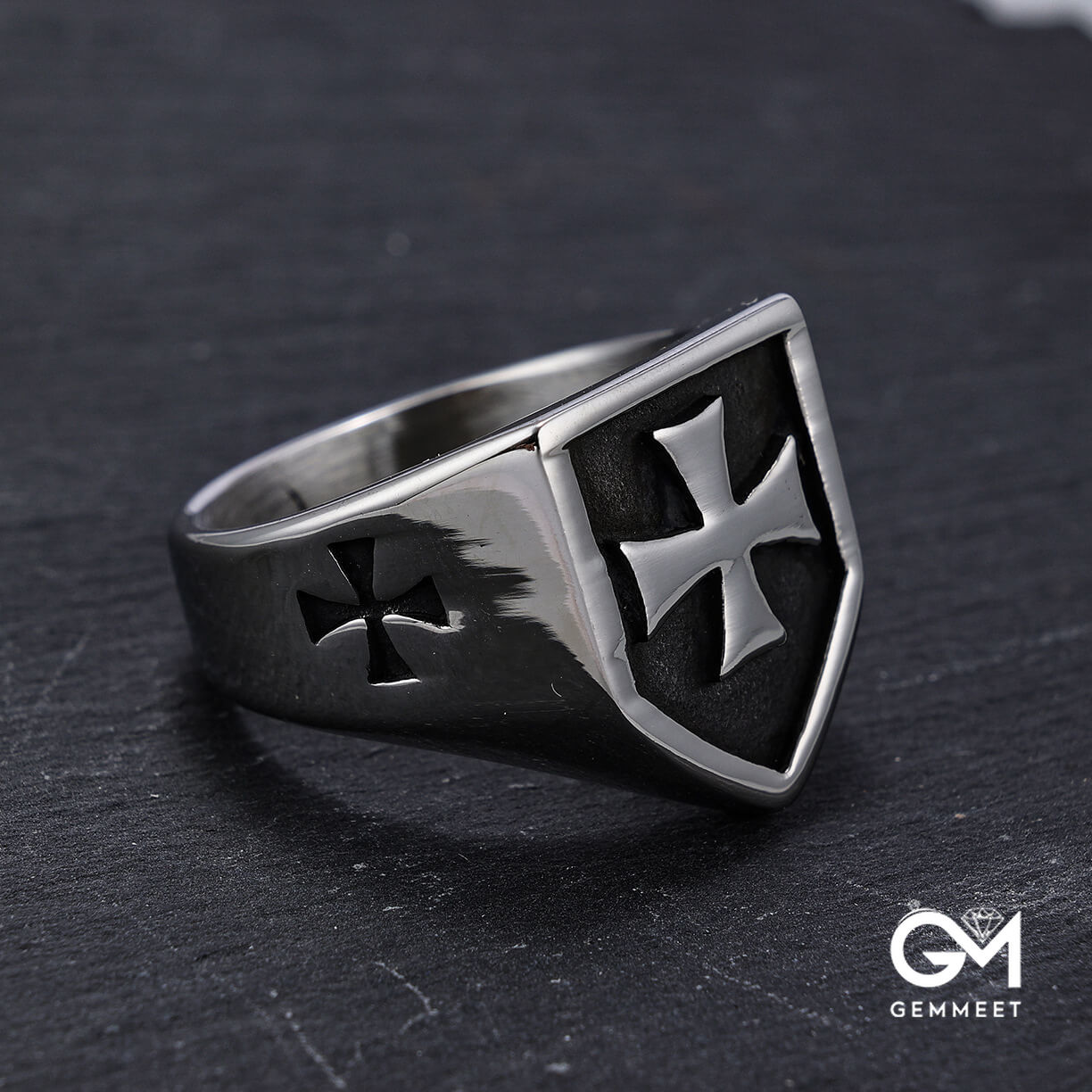 Titanium Steel Cross Shield Retro Silver Ring