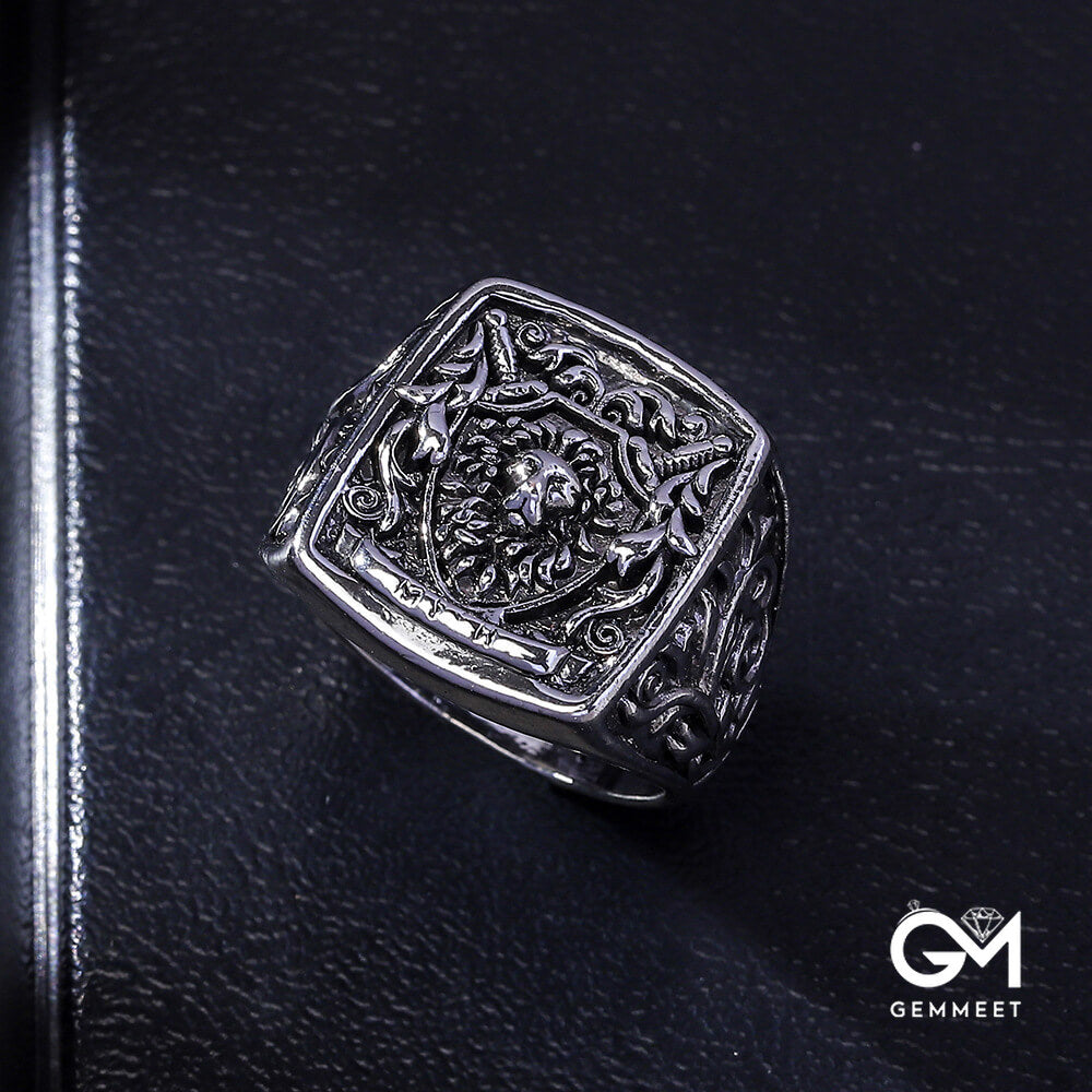 Retro Punk Lion Head Shield Knight Ring