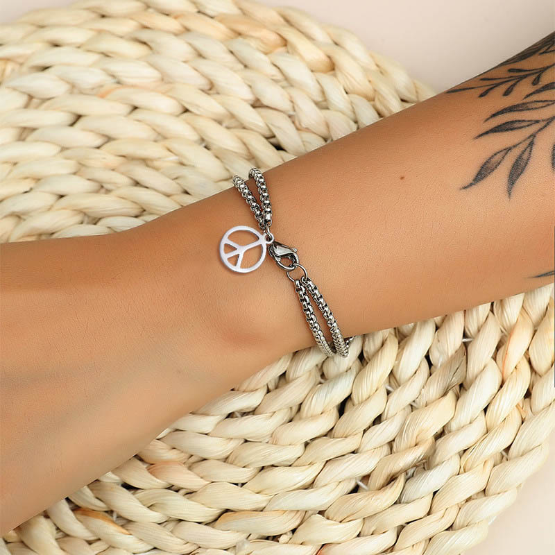 Peace Sign Double Link Cross Titanium Bracelet