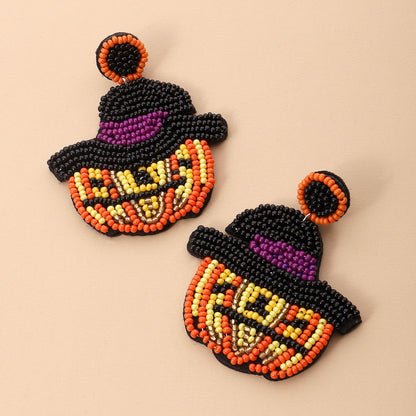 Halloween Pumpkin Head Magic Hat Hand Stitched Rice Bead Earrings