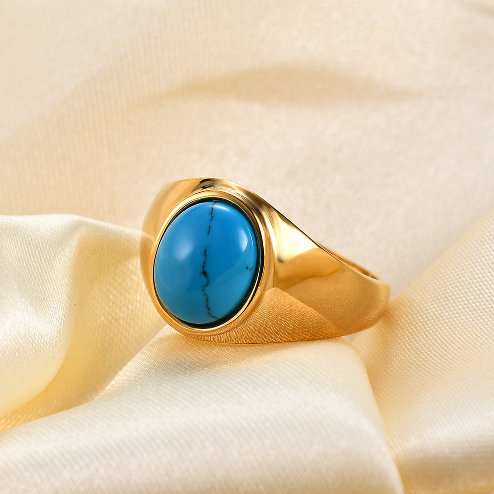 Gold Stainless Steel Oval Colored Stone Ring