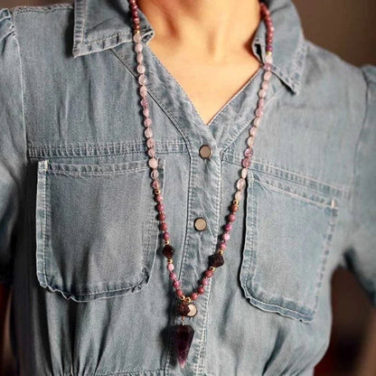 Natural Amethyst Purple Jade Beaded Mala Necklace