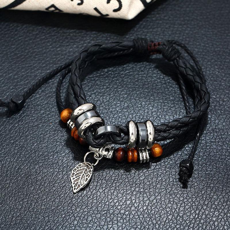 Creative Multilayer Braided Leaves Pendant Men's Leather Bracelet