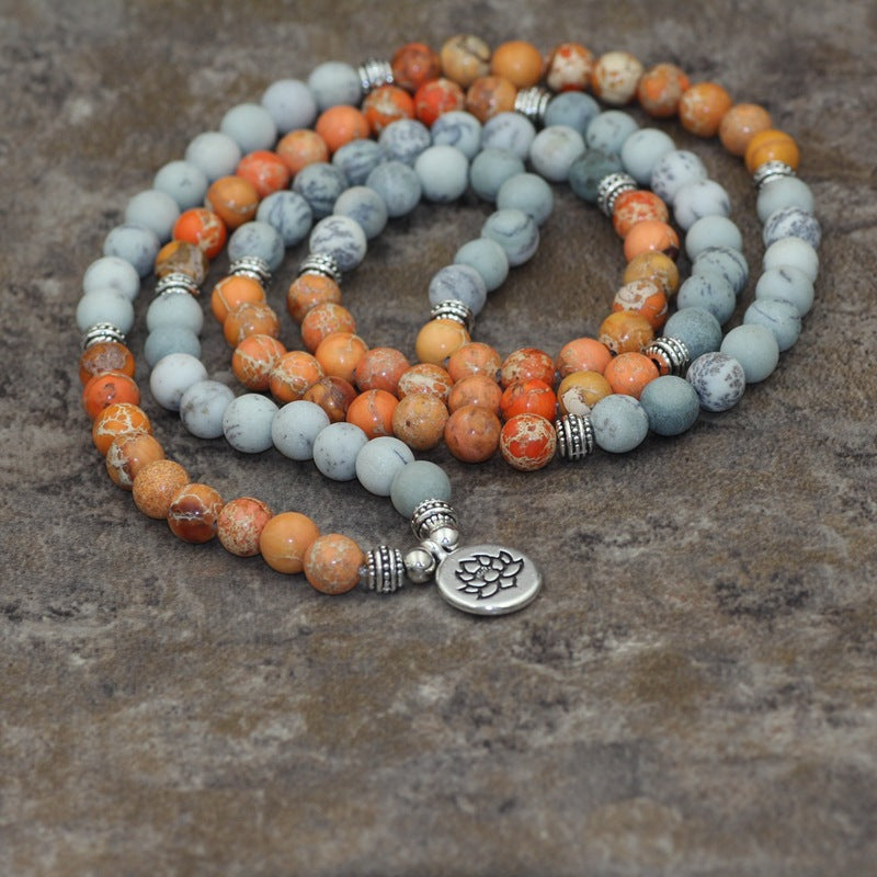 108 Stone Beads Two-tone Lotus Pendant Bracelet