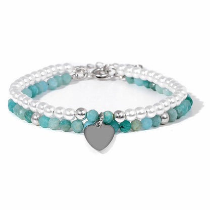 Faceted Stone Pearl Heart Charm Double Layer Bracelet