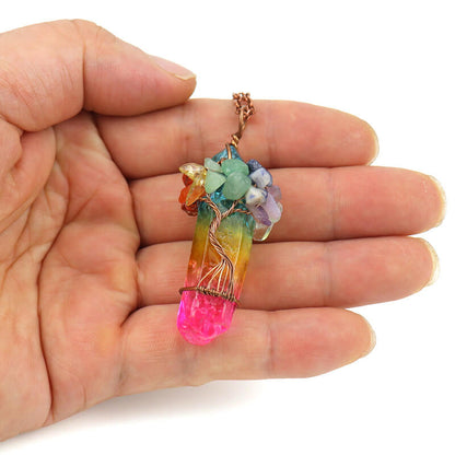 Crystal Pillars Wrapped Around Rubble Tree of Life Necklace