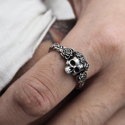 Men's Gothic Black Rose Skull Adjustable Ring