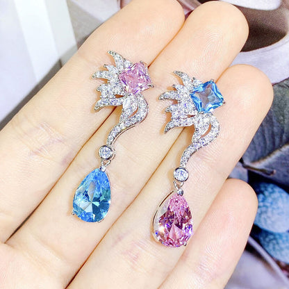 Temperament AB Style Earrings Luxury Bright Drop-shaped Pink Diamond Imitation Aquamarine Long Earrings