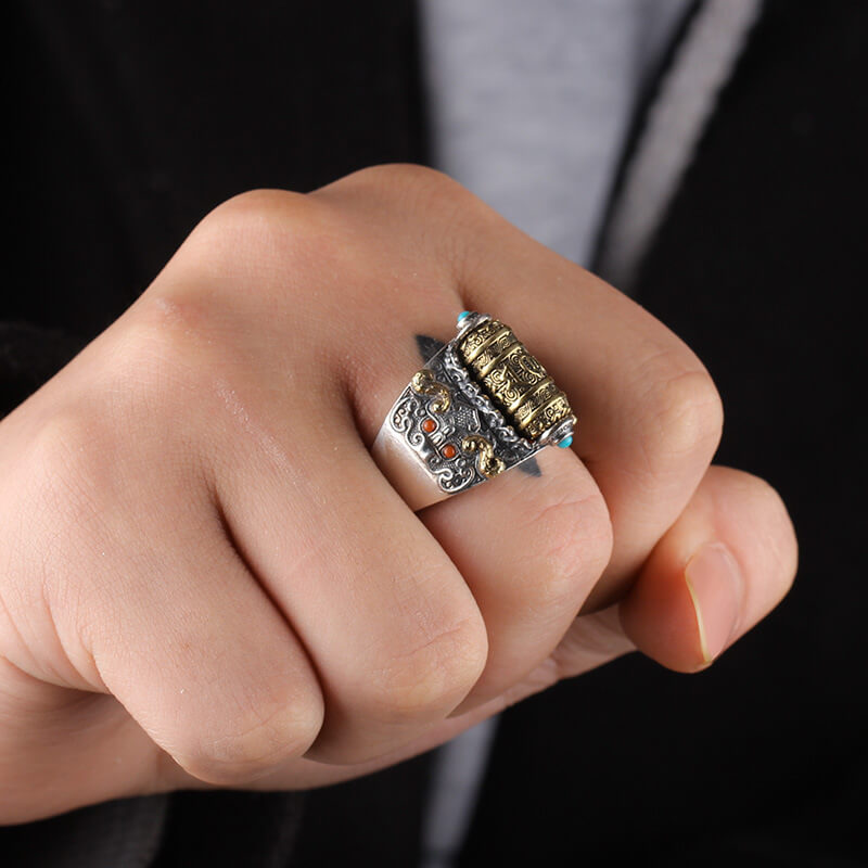 Retro Tibetan Buddhist Ring Can Be Turned and Personalized Adjustable Ring