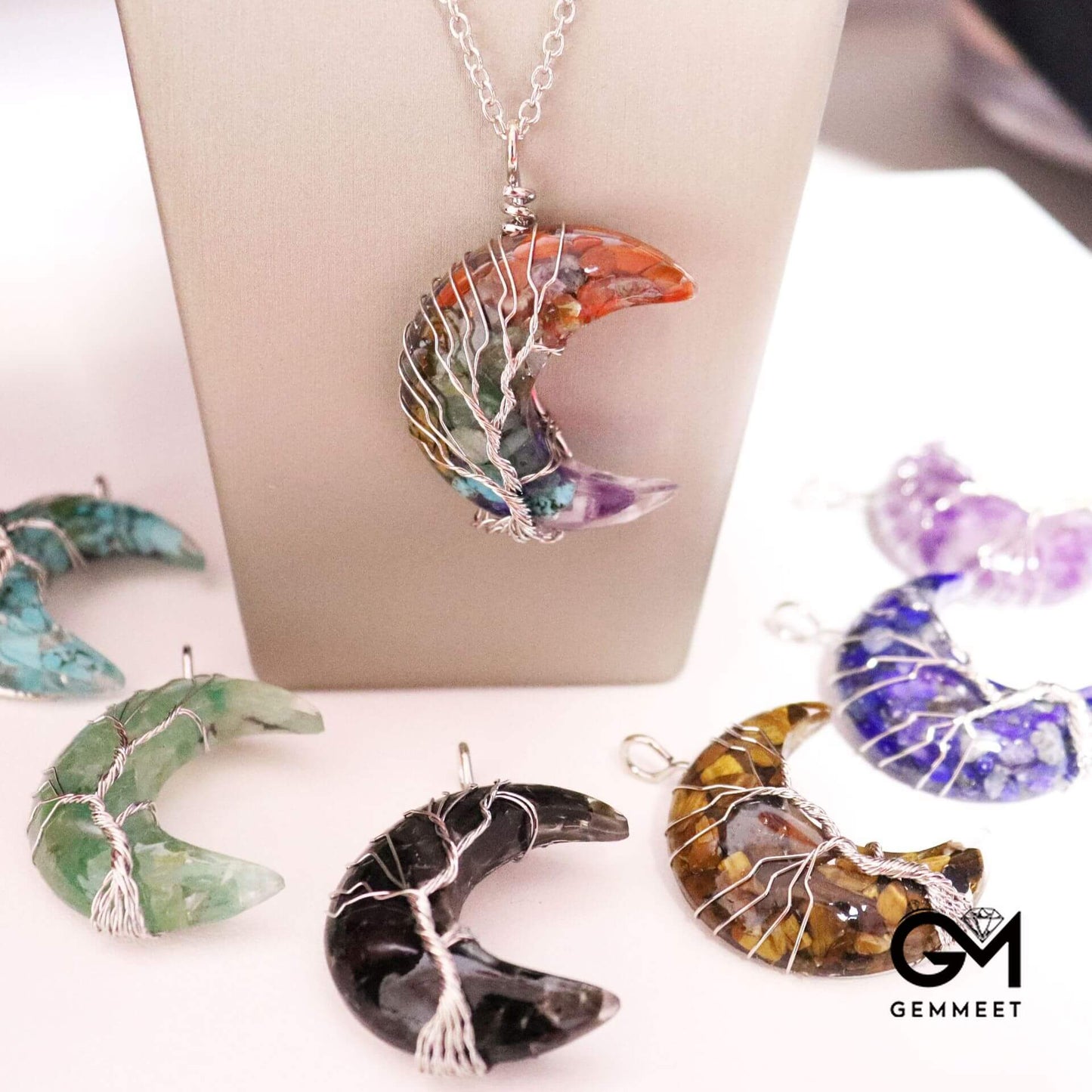 Crystal Moon Wrapped Tree of Life Necklace