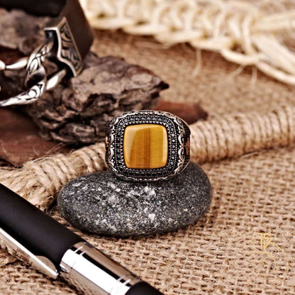 Metal Engraved Tiger Eye Men's Ring