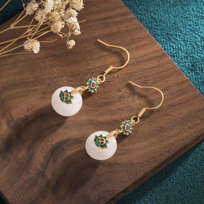 White Jade Cold Enamel Lotus Earrings