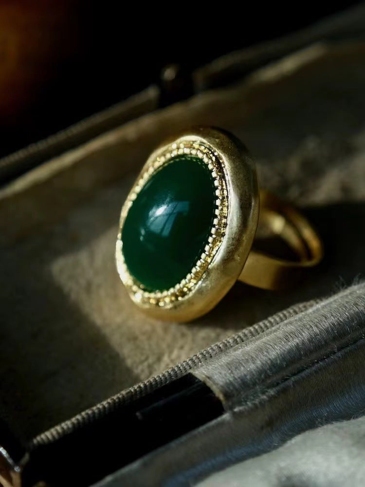 Retro Emerald Ring Ins Niche Design Light Luxury Copper Ring