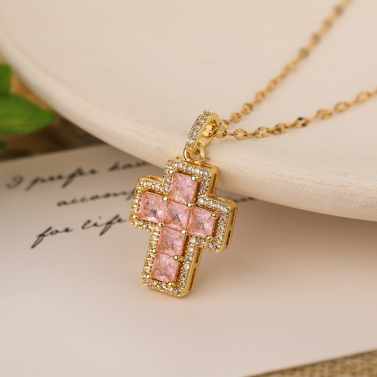 Cute Color Stones Halo Cross Pendant Necklace